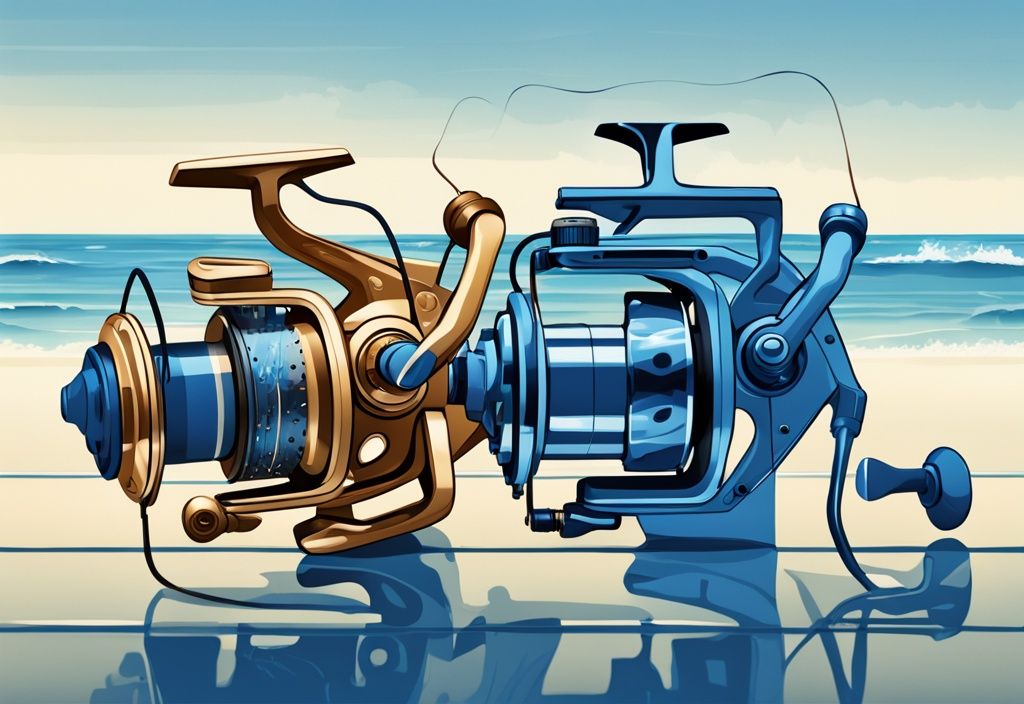 Modern digital painting of five saltwater spinning reels with blue ocean background.