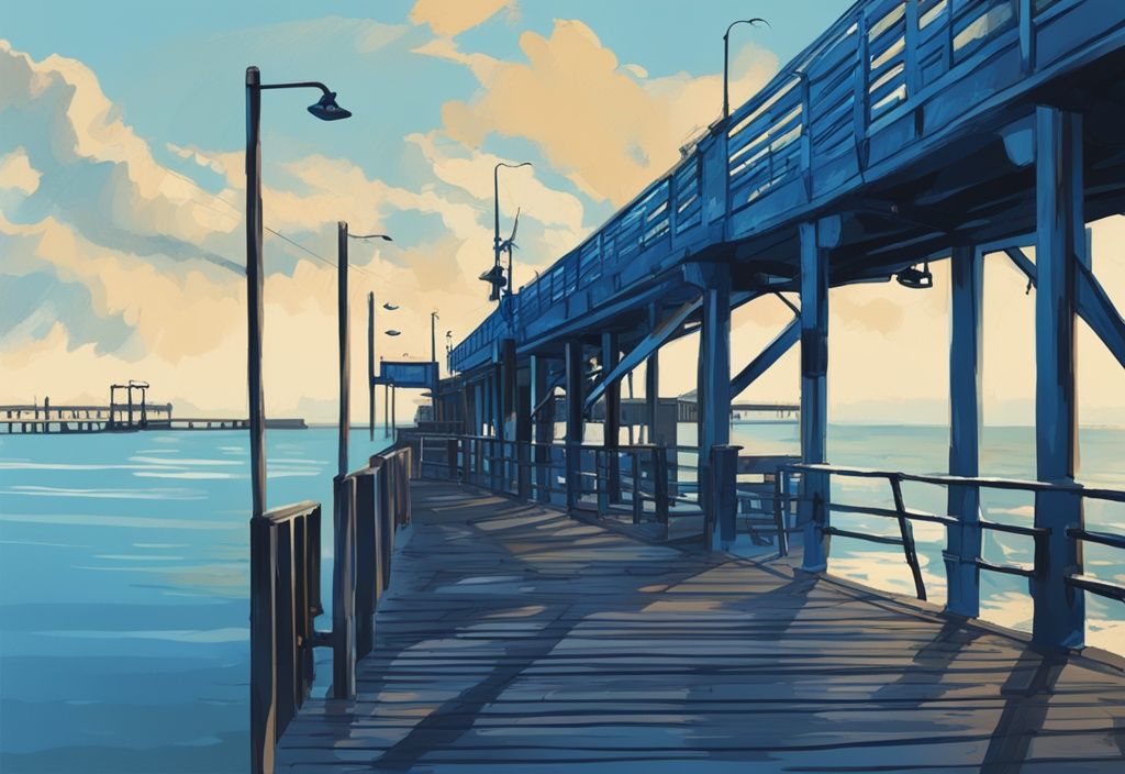 Modern digital painting of Skyway Fishing Pier with blue color theme and visible fishing regulations signs.