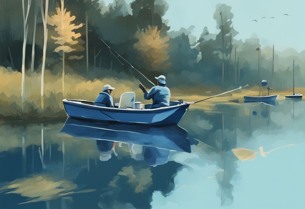 Modern digital painting of best baitcasters for beginners in blue, set against a peaceful fishing scene backdrop.