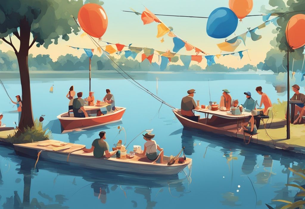 Modern digital painting of a blue-themed waterside picnic with fishing gear, party banners, balloons, and people enjoying fishing activities.