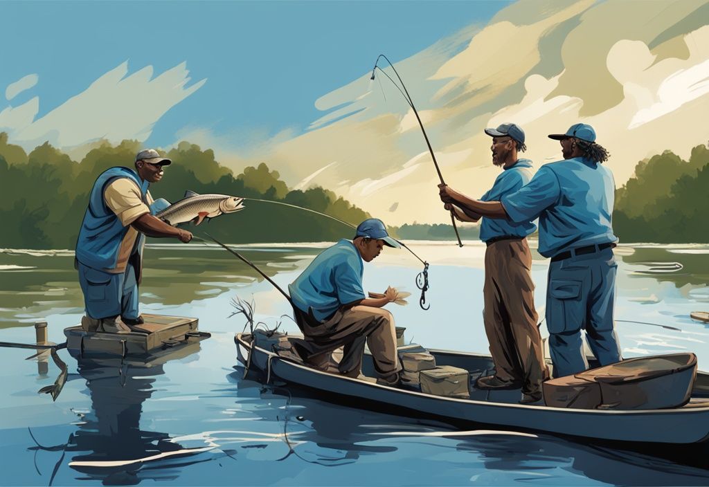 Joyous fishers celebrating the Alabama fishing season on the banks of the Alabama River, with one holding a large fish, in a modern digital painting illustration with a blue theme.