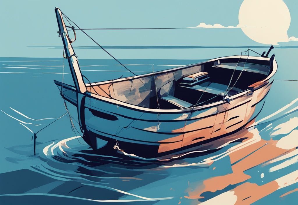 Modern digital painting of a fishing boat dangerously anchored from the stern, highlighting the major danger of capsizing due to instability.