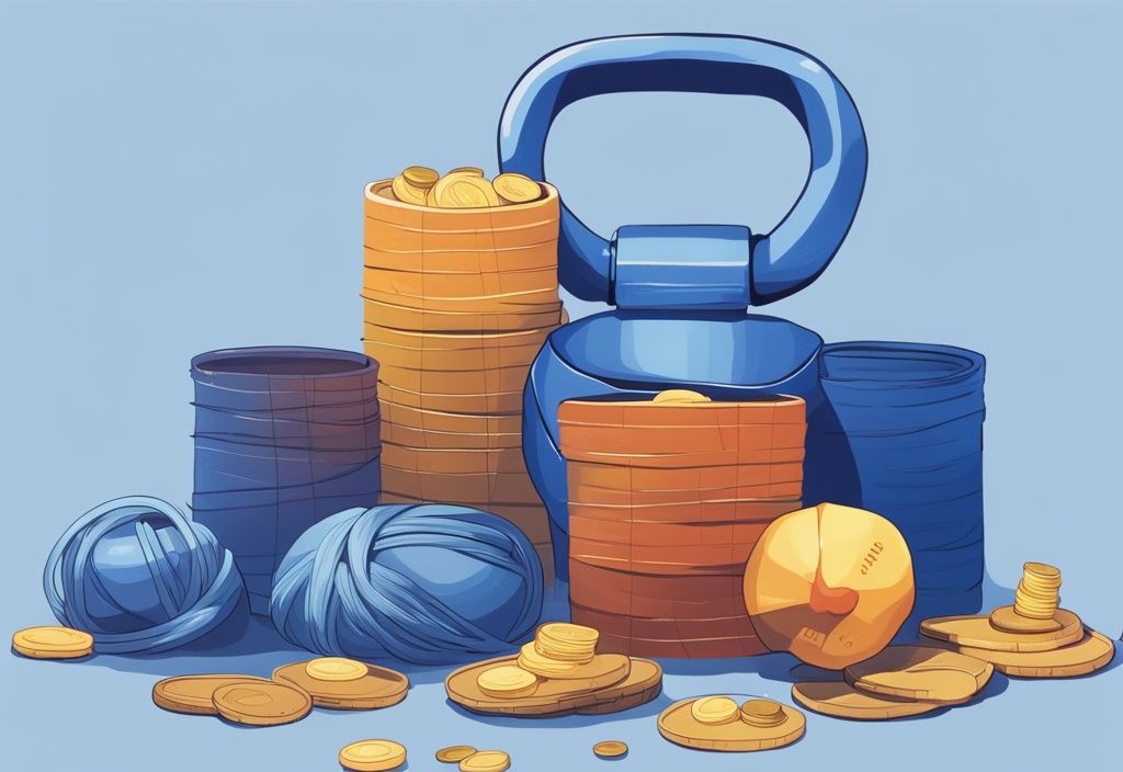 Modern digital painting of a blue-themed overburdened fishing line with coins, kettlebell, and fruit basket, illustrating how much weight can fishing line hold.