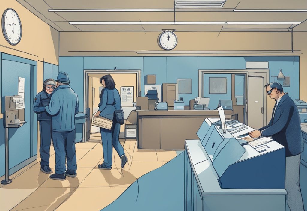 Digital painting of a person at a New Mexico governmental office counter obtaining a fishing license, with a blue color theme.