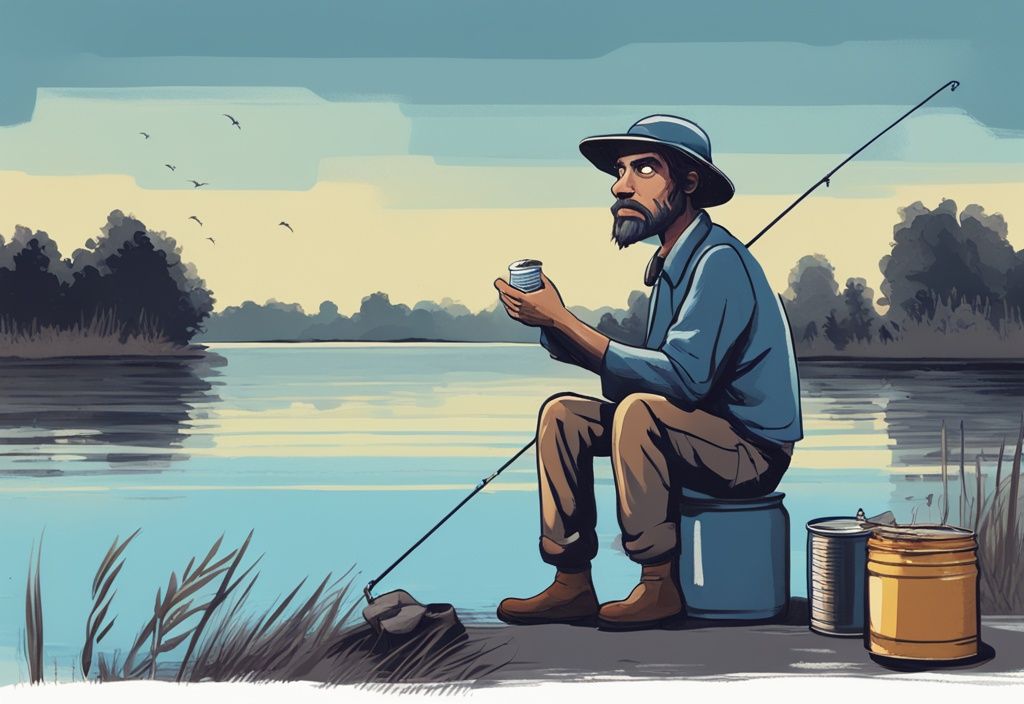 Digital painting of a confused fisherman holding a tin can of corn by a 'No corn fishing' sign at a serene lake, blue color theme.