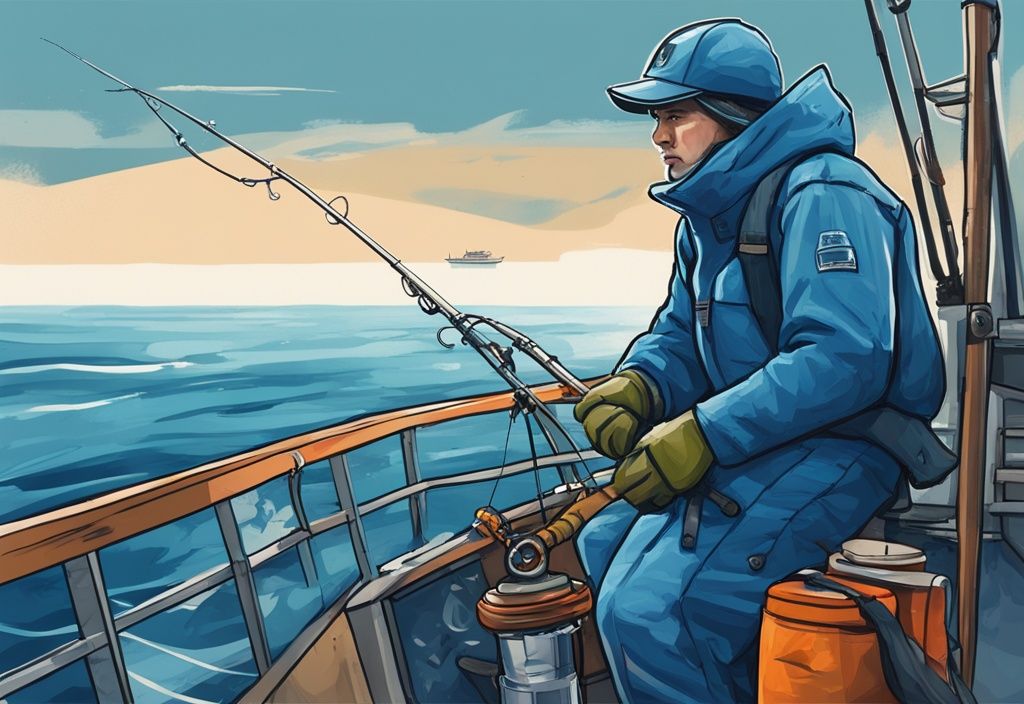 Modern digital painting of a person in deep sea fishing attire, showcasing what to wear for deep sea fishing, including a waterproof jacket, gloves, boots, and hat, on a fishing boat against a vast ocean backdrop.