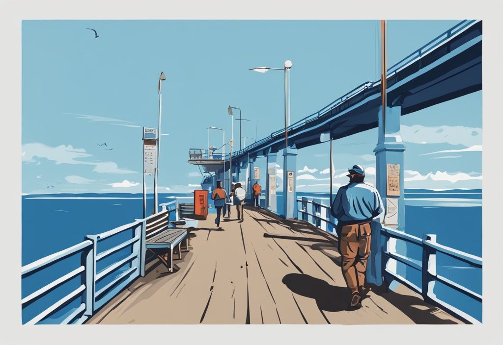 Modern digital painting of a fisherman adhering to Skyway fishing pier rules, with blue color theme and signage displaying regulations in the background.