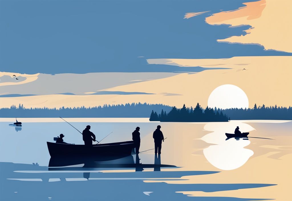 Modern digital painting of a serene Michigan lake at dawn with people fishing, blue color theme, free fishing weekend.