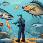 Modern digital painting illustrating what happens when people violate fishing regulations: an angler caught overfishing, confronted by a park ranger, with a pile of excess fish and clear fishing limit signage, in a blue-themed artwork.