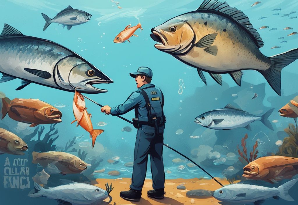 Modern digital painting illustrating what happens when people violate fishing regulations: an angler caught overfishing, confronted by a park ranger, with a pile of excess fish and clear fishing limit signage, in a blue-themed artwork.