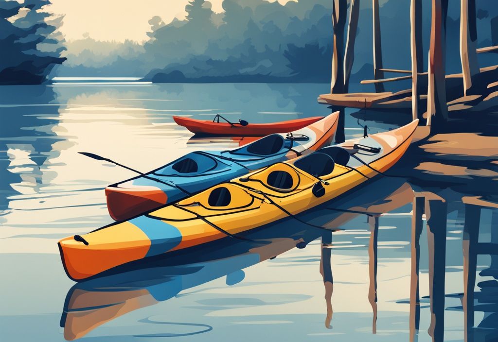 Modern digital painting of five affordable fishing kayaks under $1000 in a serene riverside setting, blue color theme.