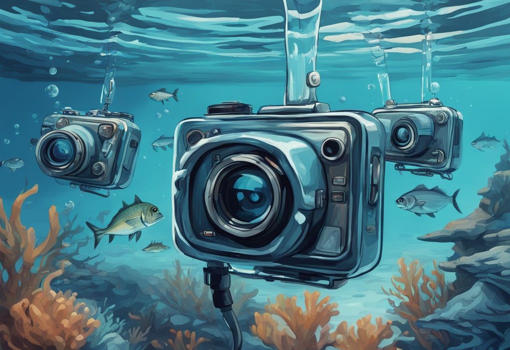 Modern digital painting of the best 5 underwater fishing cameras submerged in clear blue water, capturing aquatic life.