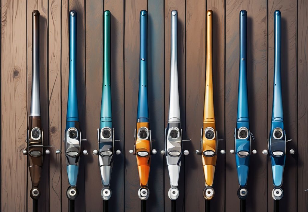 Modern digital painting of top-rated bass rods on rustic wooden background, blue color theme.