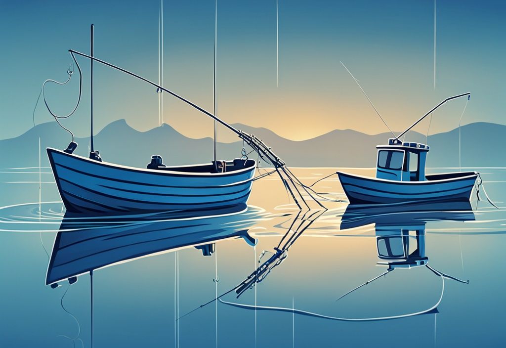 Modern digital painting of top-rated fishing lines on blue water background, showcasing various strengths and materials in vibrant colors.