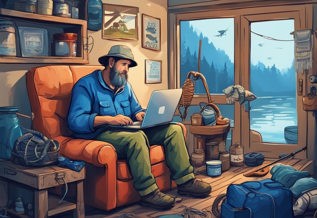 Modern digital painting of a fisherman browsing fishing gear online in a cozy armchair, featuring the tagline "The Best Online Fishing Store" with a blue color theme.