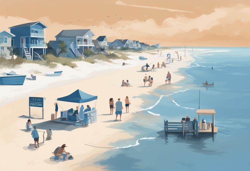 Modern digital painting of Gulf Shores beach with people fishing, highlighting Gulf Shores beach fishing rules in a serene blue theme.