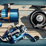 Modern digital painting of the best 5 saltwater spinning reels on a rustic wooden surface with a blue ocean backdrop.