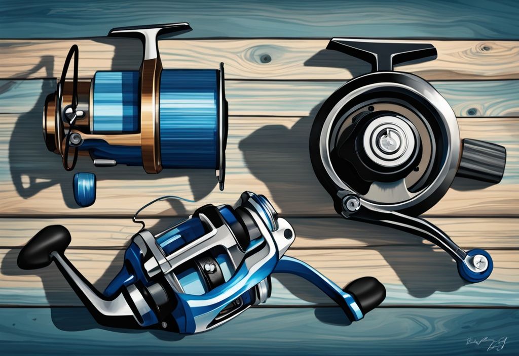 Modern digital painting of the best 5 saltwater spinning reels on a rustic wooden surface with a blue ocean backdrop.