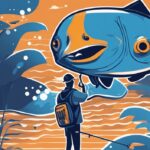 Modern digital painting of an angler with a fish, blue theme, record chart showing "PB" (personal best) in fishing background.