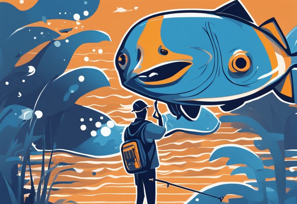 Modern digital painting of an angler with a fish, blue theme, record chart showing "PB" (personal best) in fishing background.