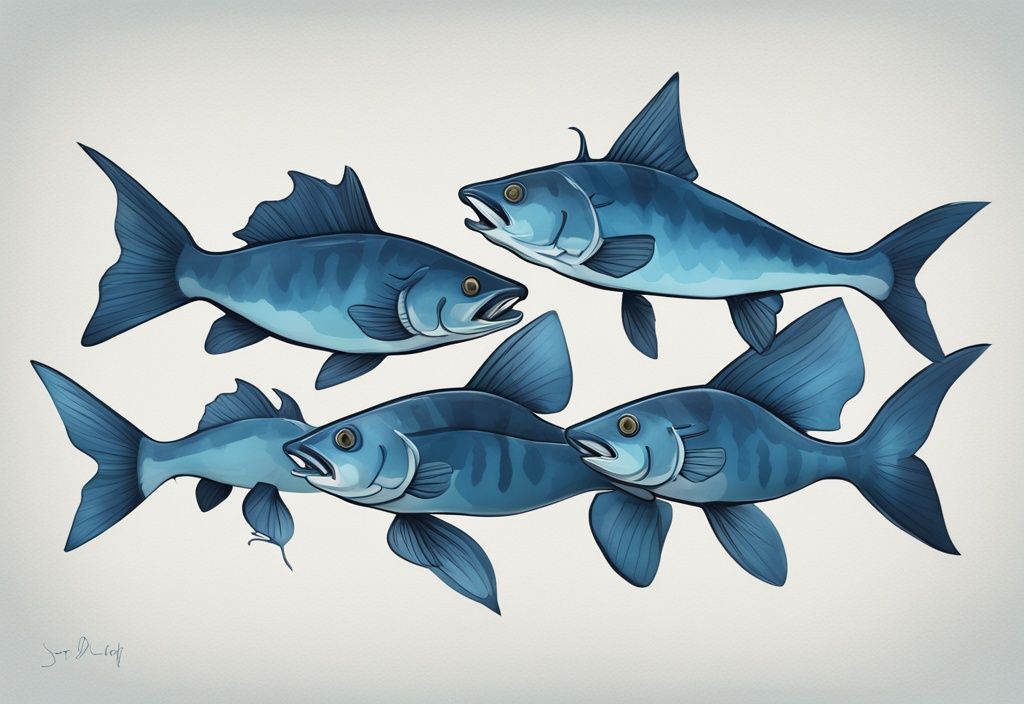 Modern digital painting illustration of the best 8 catfish rigs, featuring uniquely designed blue-themed catfish rigs displayed separately for clarity.