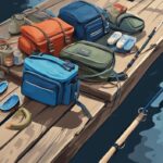 Modern digital painting of 10 best fishing sling packs on a rustic dock with fishing rods, bait, and catch of the day, in a blue-themed illustration.