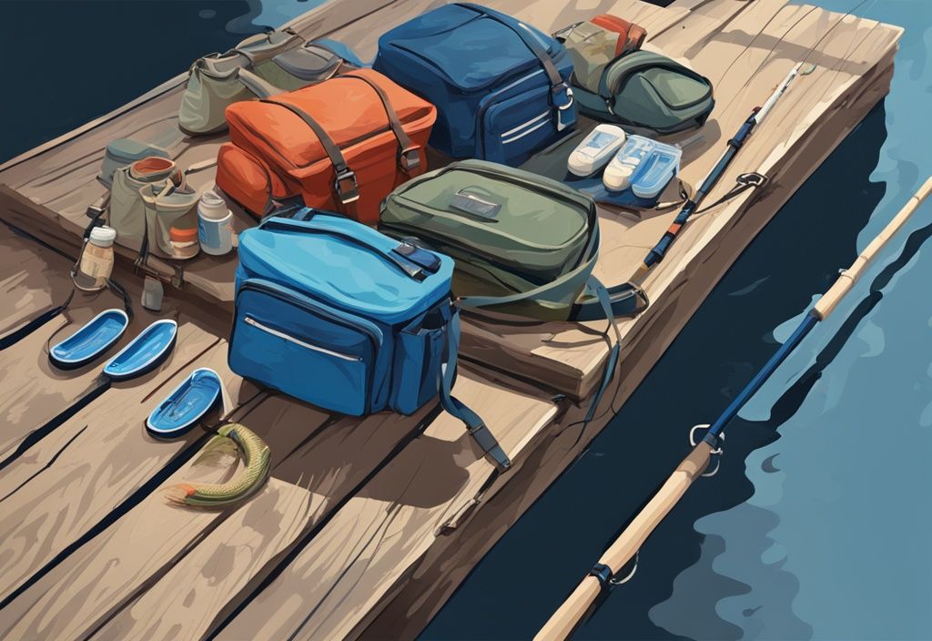 Modern digital painting of 10 best fishing sling packs on a rustic dock with fishing rods, bait, and catch of the day, in a blue-themed illustration.