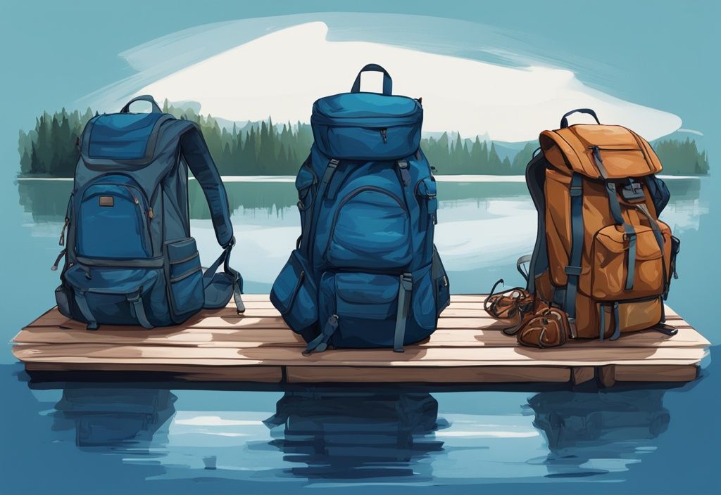 Modern digital painting of best 5 fishing backpacks in a semi-circle on a wooden dock with a serene lake background, featuring a blue color theme.