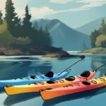 Modern digital painting of the best 5 fishing kayaks under $1000 in a serene outdoor setting by a body of water, featuring a blue color theme.