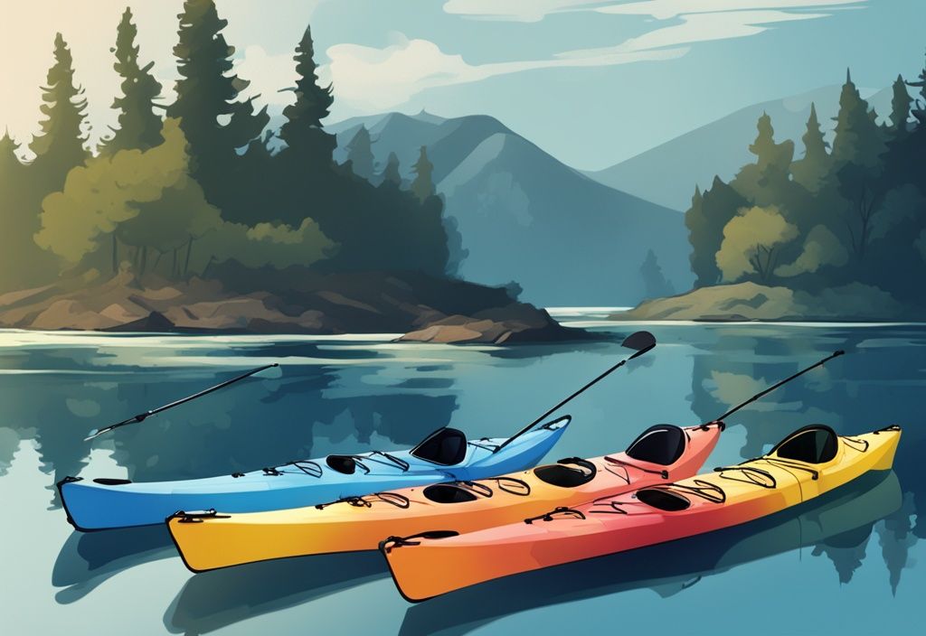 Modern digital painting of the best 5 fishing kayaks under $1000 in a serene outdoor setting by a body of water, featuring a blue color theme.