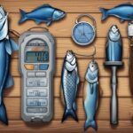 Modern digital painting of the best 5 fishing scales on a rustic wooden surface, featuring a blue color theme and showcasing distinct features of each scale.