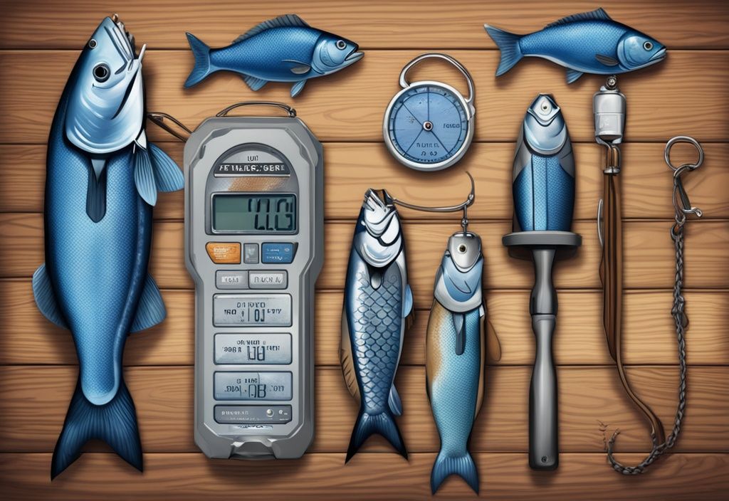 Modern digital painting of the best 5 fishing scales on a rustic wooden surface, featuring a blue color theme and showcasing distinct features of each scale.