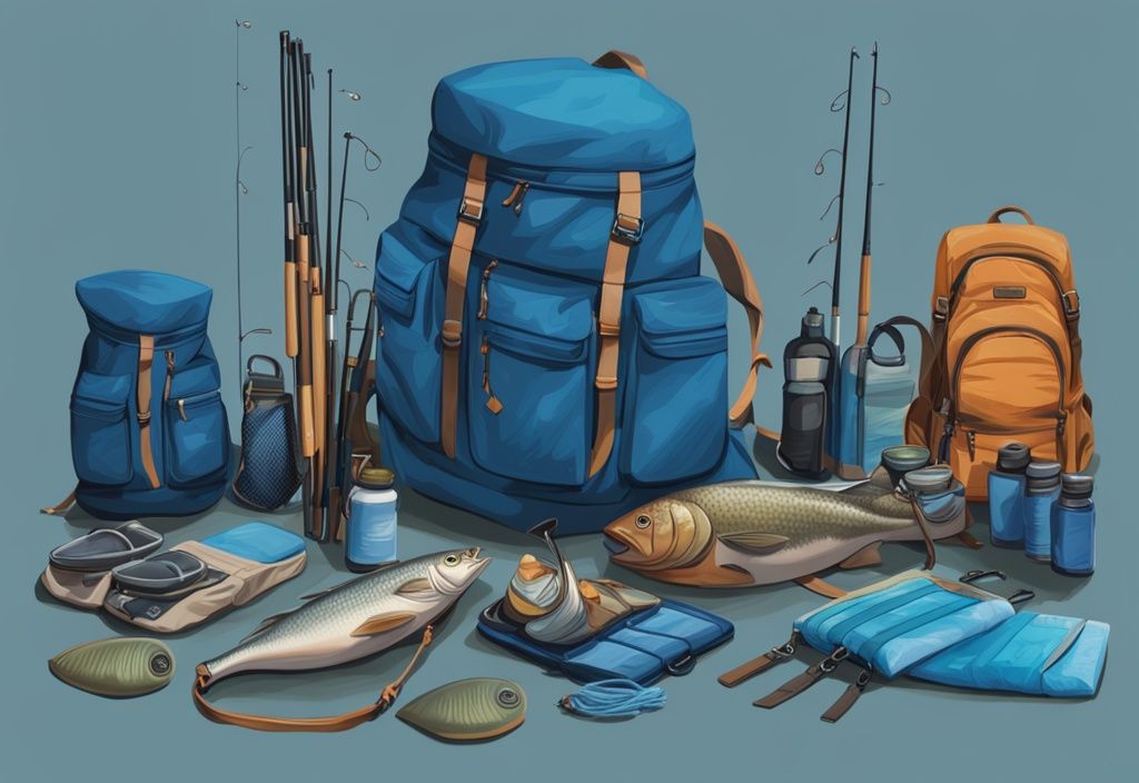 Digital painting of blue-themed sling packs with fishing gear by a lakeside backdrop.