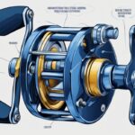 Modern digital painting illustration of a fishing reel with labeled parts, focusing on the drag system to explain what does max drag mean on a fishing reel, featuring a blue color theme.