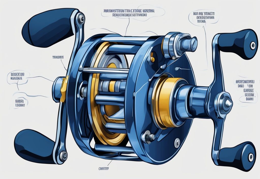 Modern digital painting illustration of a fishing reel with labeled parts, focusing on the drag system to explain what does max drag mean on a fishing reel, featuring a blue color theme.