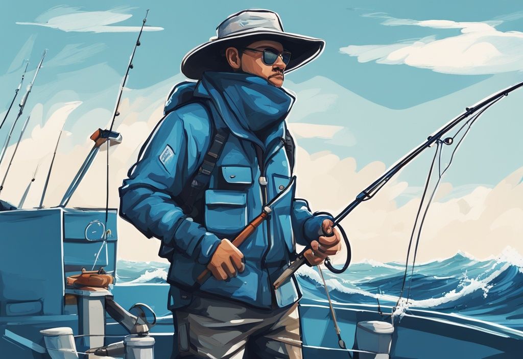 Digital painting of a person in deep sea fishing gear on a boat in the open sea, featuring blue color theme.