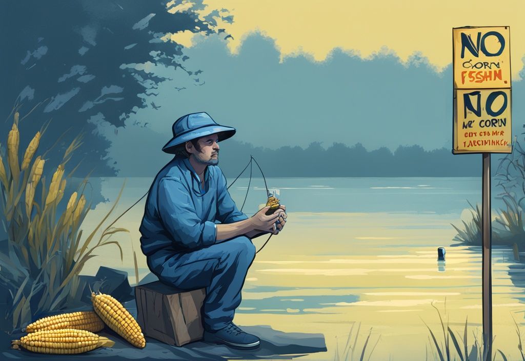 Digital painting of a confused fisherman holding a corn can with 'No corn fishing' sign by a lake, blue color theme.