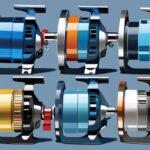 Modern digital painting of the best 8 inshore spinning reels in blue theme, showcasing high-quality reels with key features in two rows.