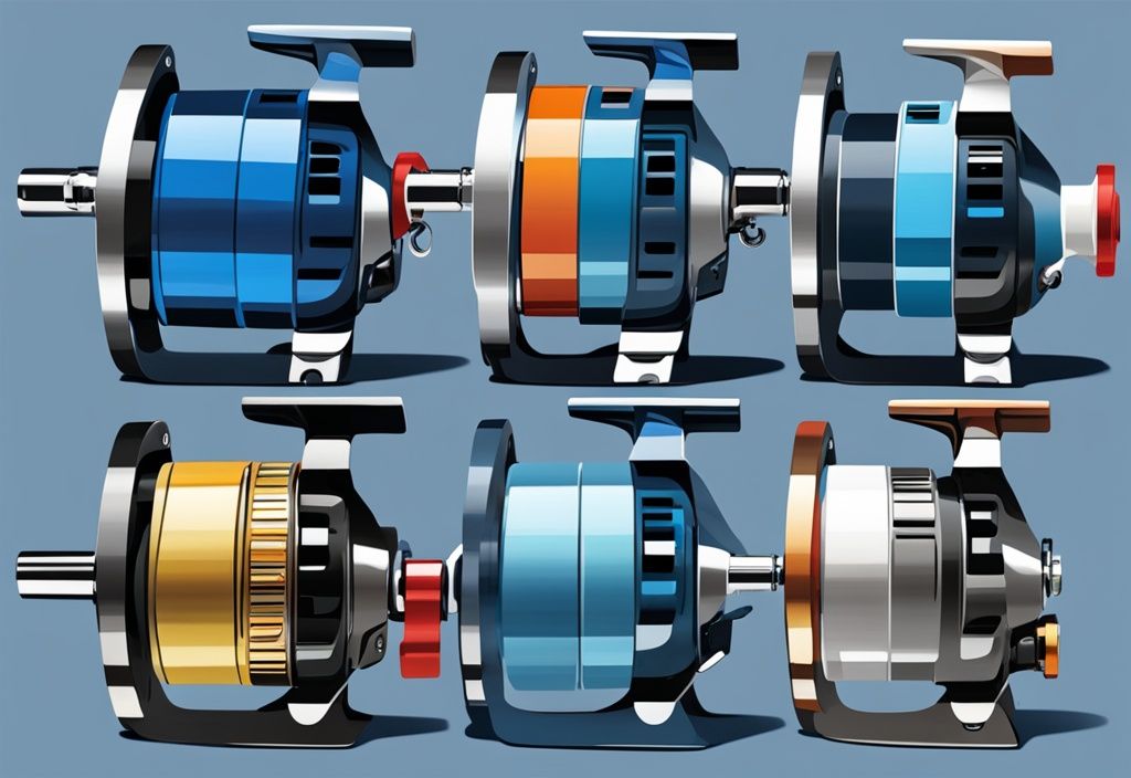 Modern digital painting of the best 8 inshore spinning reels in blue theme, showcasing high-quality reels with key features in two rows.