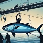 Modern digital painting of the biggest tuna ever caught, featuring a colossal bluefin tuna suspended mid-air by a fishing crane, surrounded by celebrating fishermen.