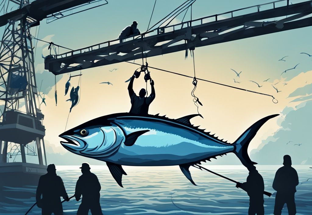 Modern digital painting of the biggest tuna ever caught, featuring a colossal bluefin tuna suspended mid-air by a fishing crane, surrounded by celebrating fishermen.