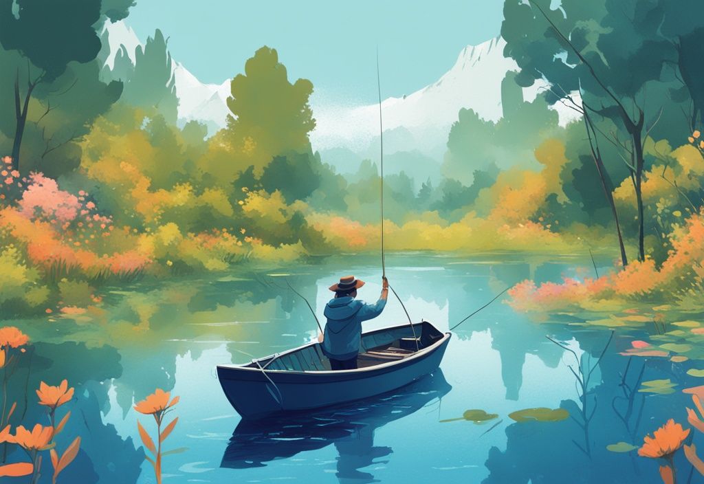 Modern digital painting of an excited angler fishing in a boat on a lush lake, surrounded by seasonal blooming vegetation; discover when is fishing season.