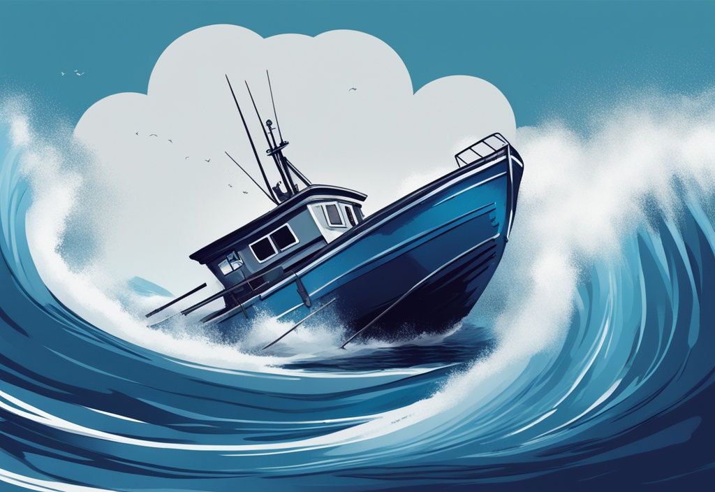 Modern digital painting of a blue-themed fishing boat in rough seas, anchored from the stern and leaning dangerously, risking capsizing.