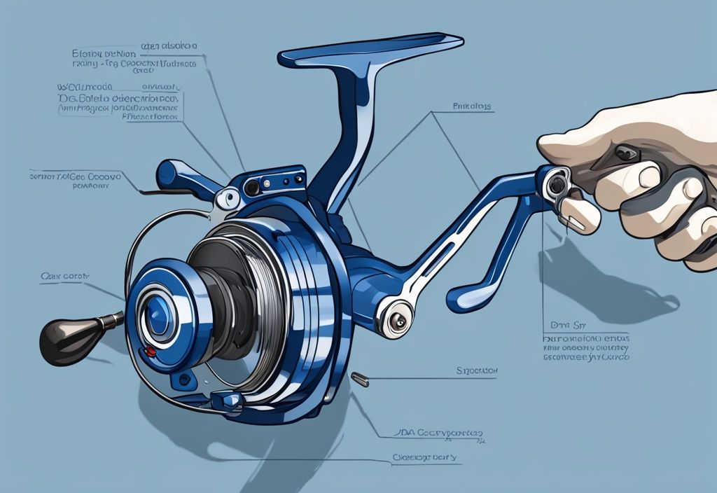 Modern digital painting illustration of a fishing reel with labeled parts, focusing on the drag system to explain what does max drag mean on a fishing reel, featuring a blue color theme.