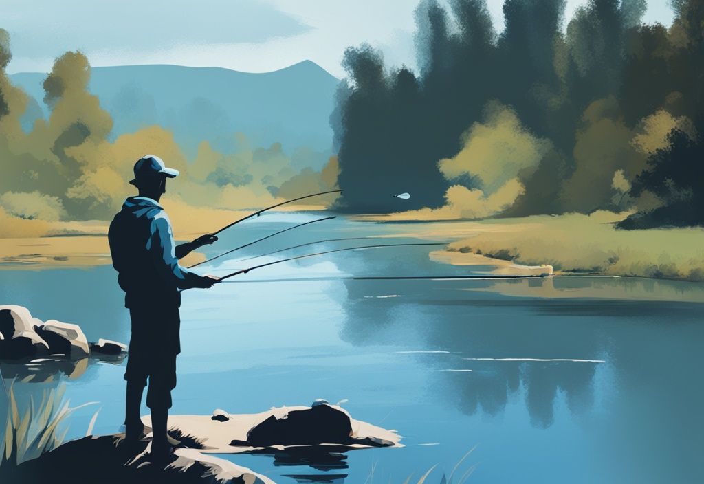 Split-screen digital painting illustrating fly fishing vs regular fishing, with an angler fly casting in a serene river and an enthusiast traditionally fishing at a calm lake, featuring a blue color theme.