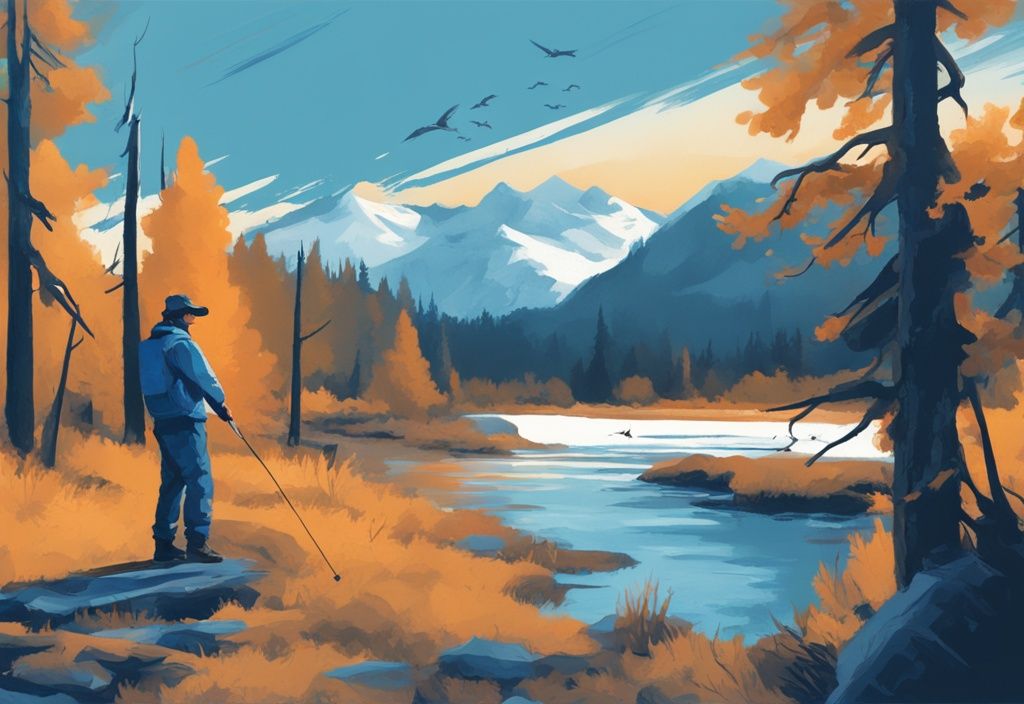 Digital painting of a person obtaining a fishing license at Montana wildlife service center, blue color theme