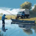 Modern digital painting of a serene fishing scene under a clear blue sky, featuring wet equipment and puddles, capturing the essence of fishing after rain.