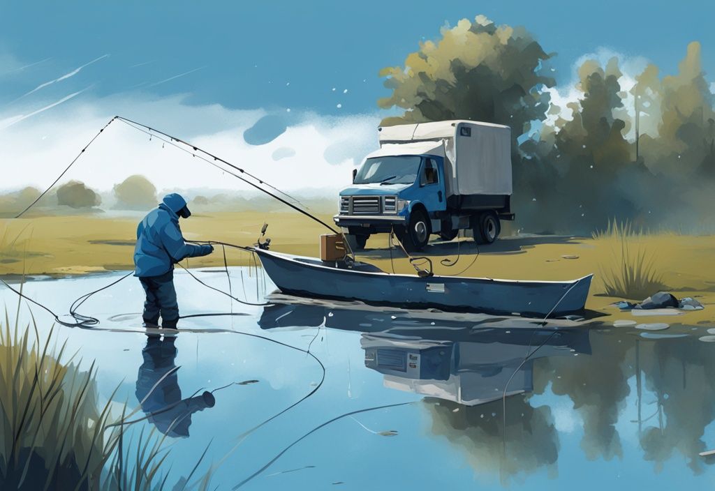 Modern digital painting of a serene fishing scene under a clear blue sky, featuring wet equipment and puddles, capturing the essence of fishing after rain.