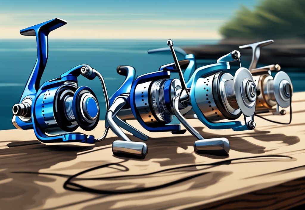 Modern digital painting of the best 5 saltwater spinning reels arranged on rustic wood with an ocean backdrop, emphasizing a blue color theme.