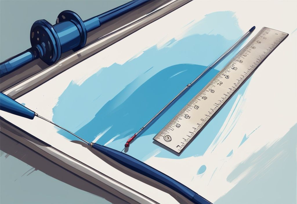 Modern digital painting of a fishing rod with worn-out line next to a marked ruler in blue color theme.